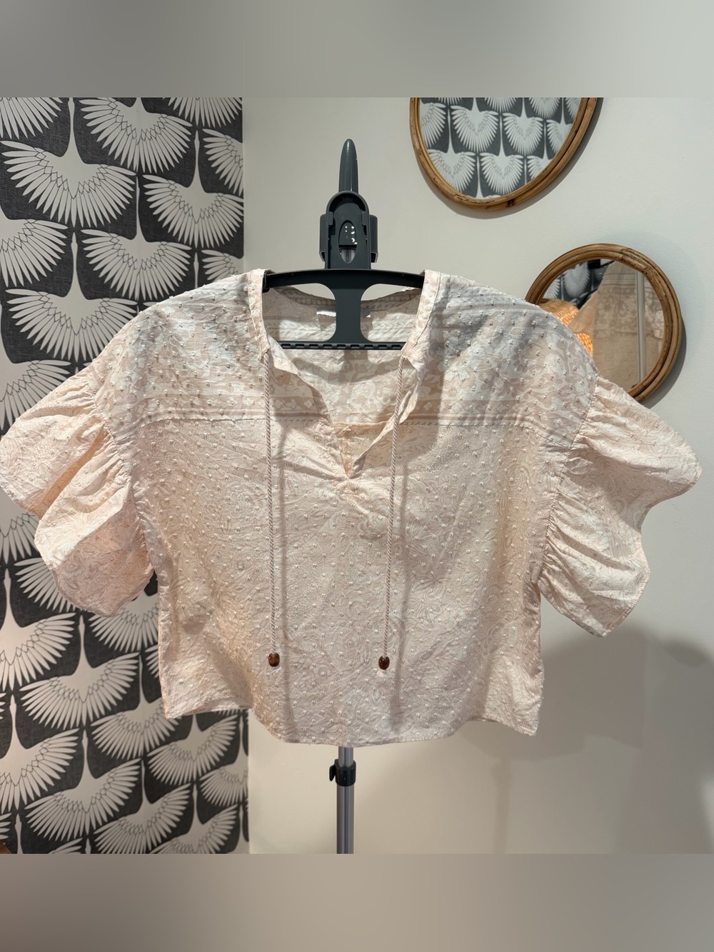 Olivaceous Blush Eyelet Tie-Front Crop Blouse Flutter Sleeve